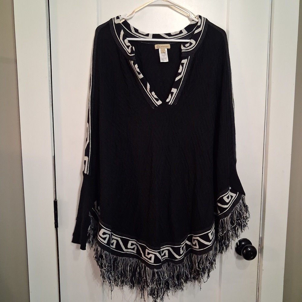 Democracy Poncho Sweater Women S/M Black Greek Key Fringe Boho Chic Pullover